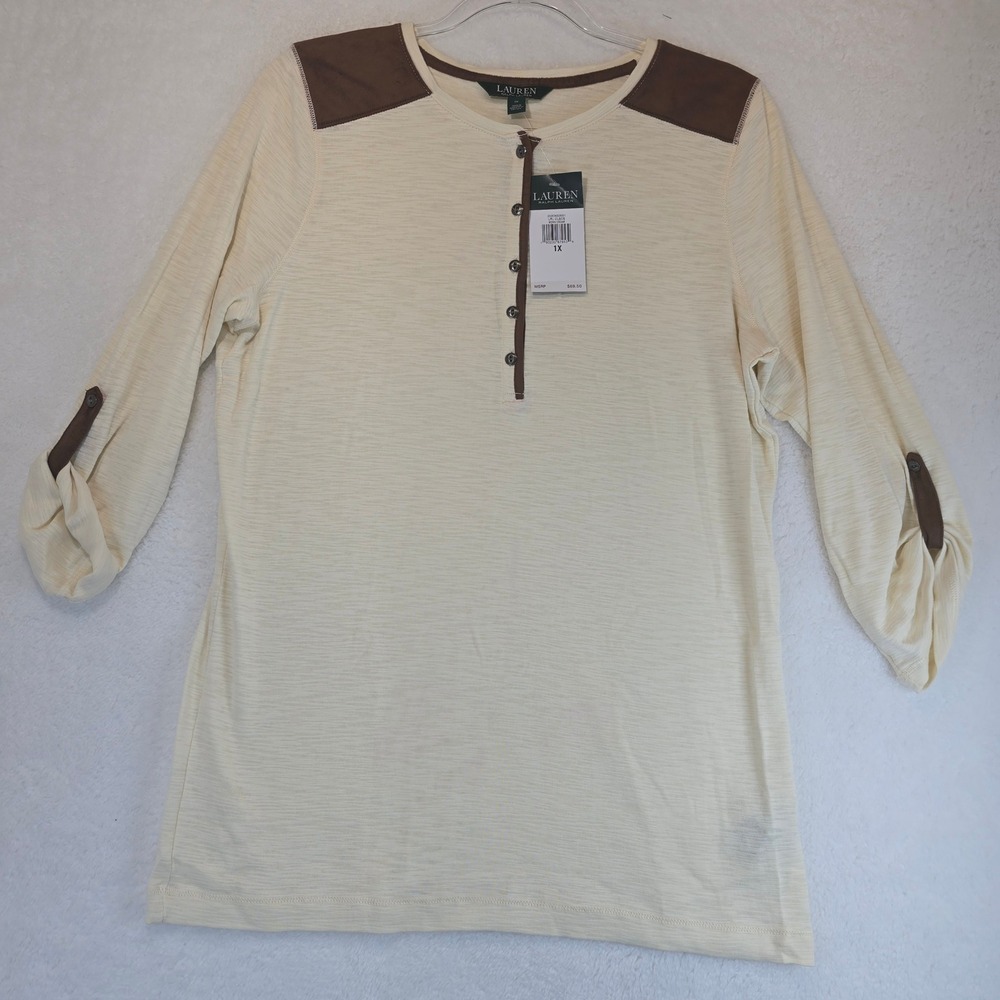 Lauren Ralph Henley Top Women 1X Cream Cotton Lightweight Western Autumn Neutral